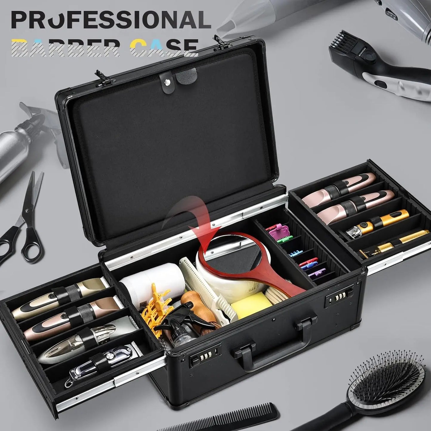 2 Wheel Barber Case w Sliding Tray ,Professional Barbers Travel Suitcase