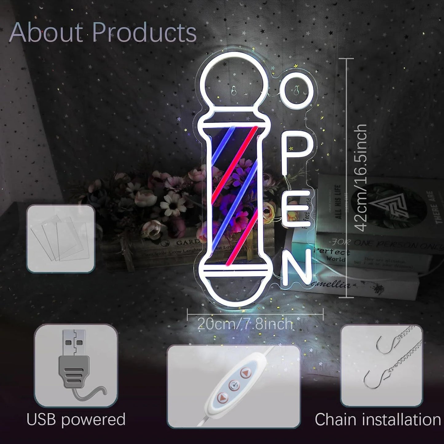 Portable USB Adjustable Brightness BarberShop “Open” Neon Light Sign