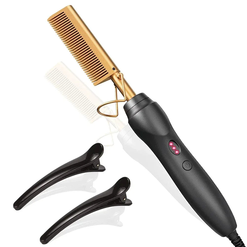 Portable Ceramic Hair Straightening Heat Pressing Curling Iron Comb