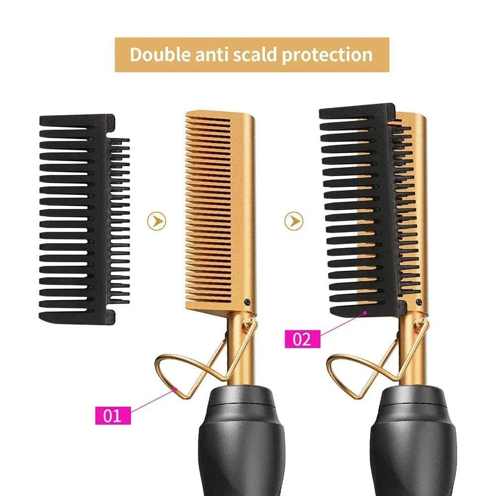 Portable Ceramic Hair Straightening Heat Pressing Curling Iron Comb