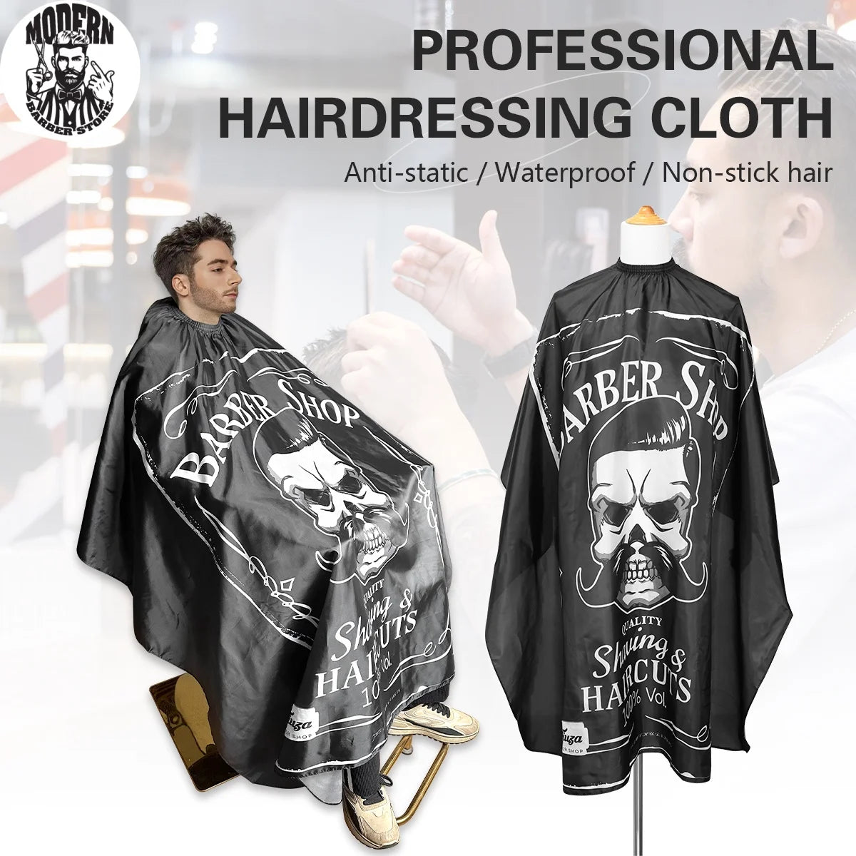 Retro Waterproof Hair Salon Barber Apron Cape w Skull Pattern