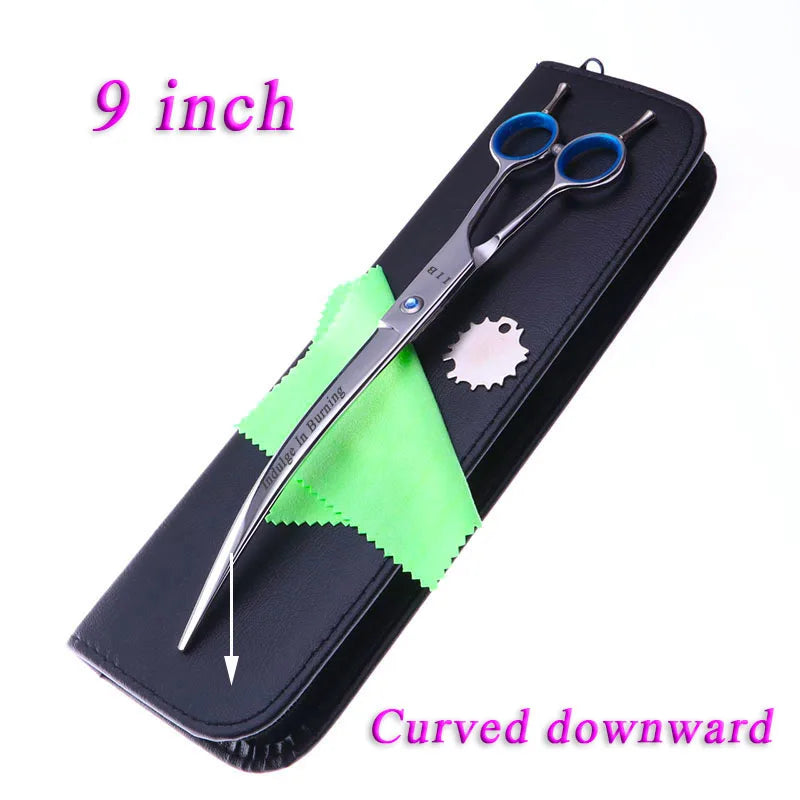 9 Inch Curved Grooming Scissors downward Cutting Shears Of Silver With Case