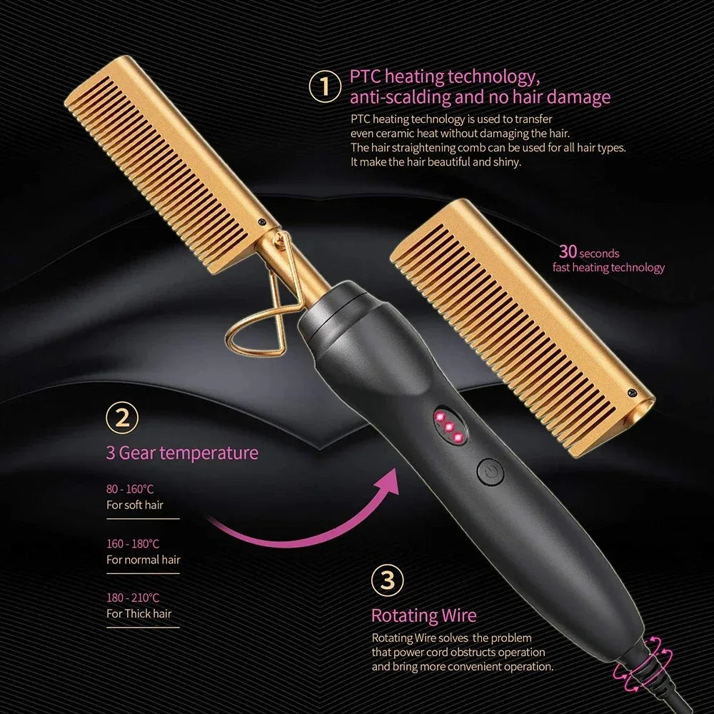 Portable Ceramic Hair Straightening Heat Pressing Curling Iron Comb