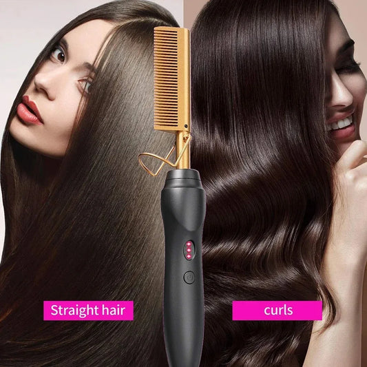 Portable Ceramic Hair Straightening Heat Pressing Curling Iron Comb
