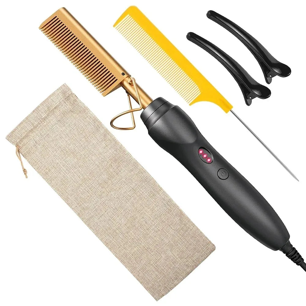 Portable Ceramic Hair Straightening Heat Pressing Curling Iron Comb