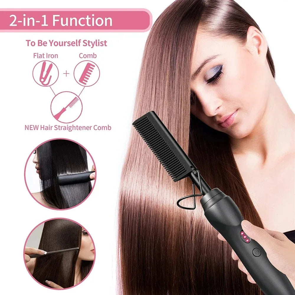 Portable Ceramic Hair Straightening Heat Pressing Curling Iron Comb